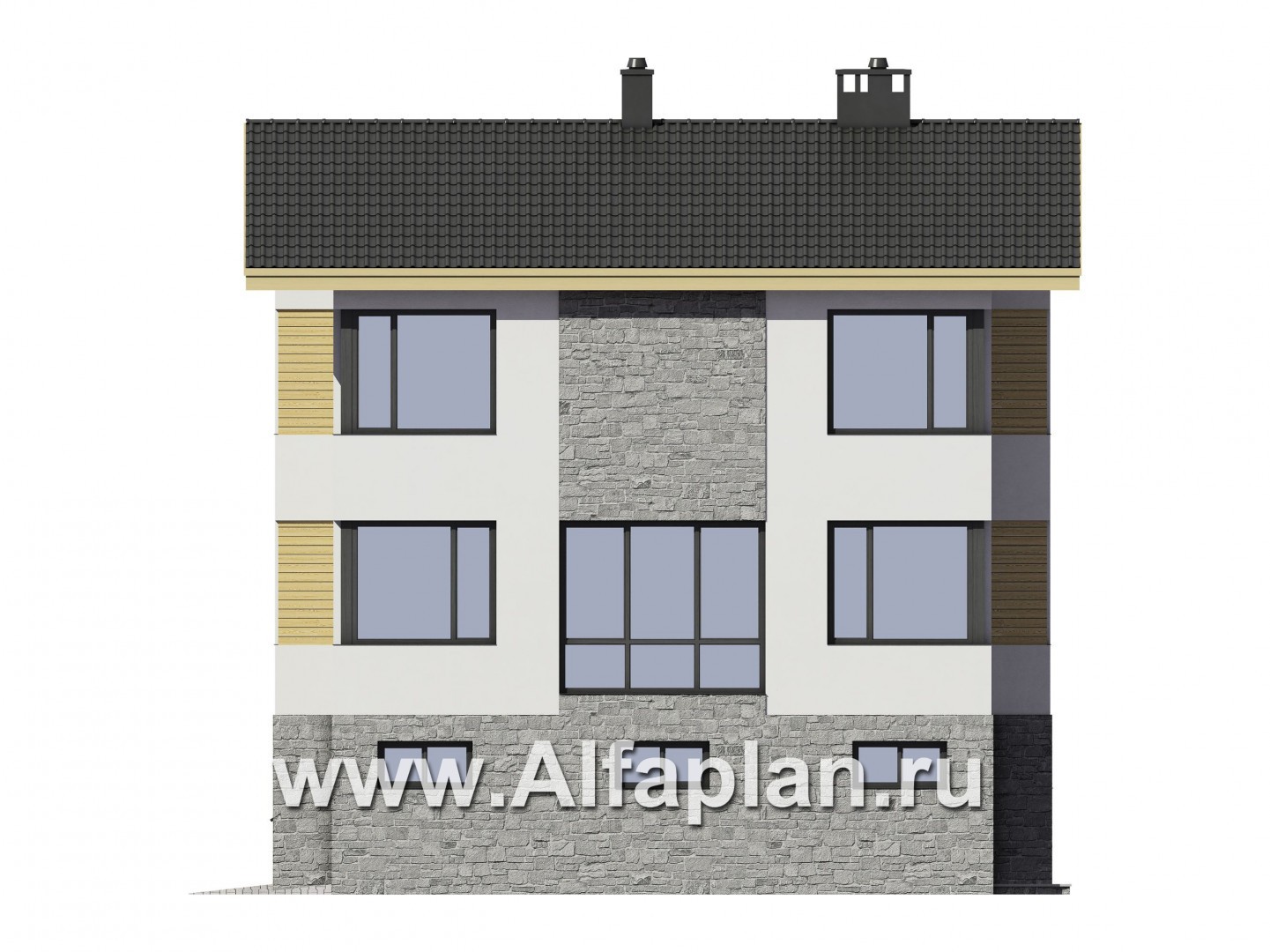 Проекты домов Альфаплан - Проект трехэтажного дома с гаражом на две машины - изображение фасада №4