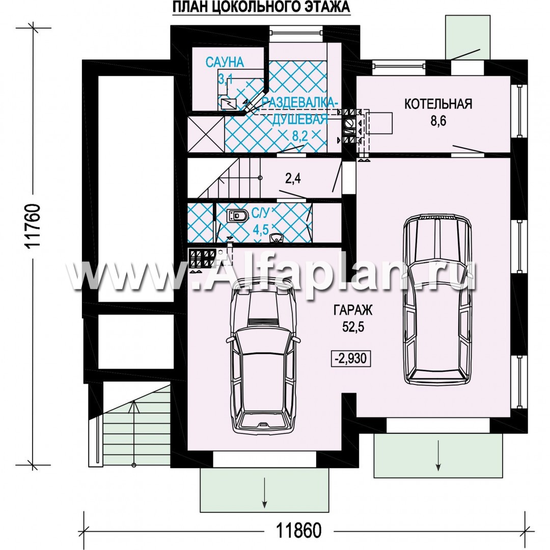 Проекты домов Альфаплан - Проект трехэтажного дома с гаражом на две машины - план проекта №1
