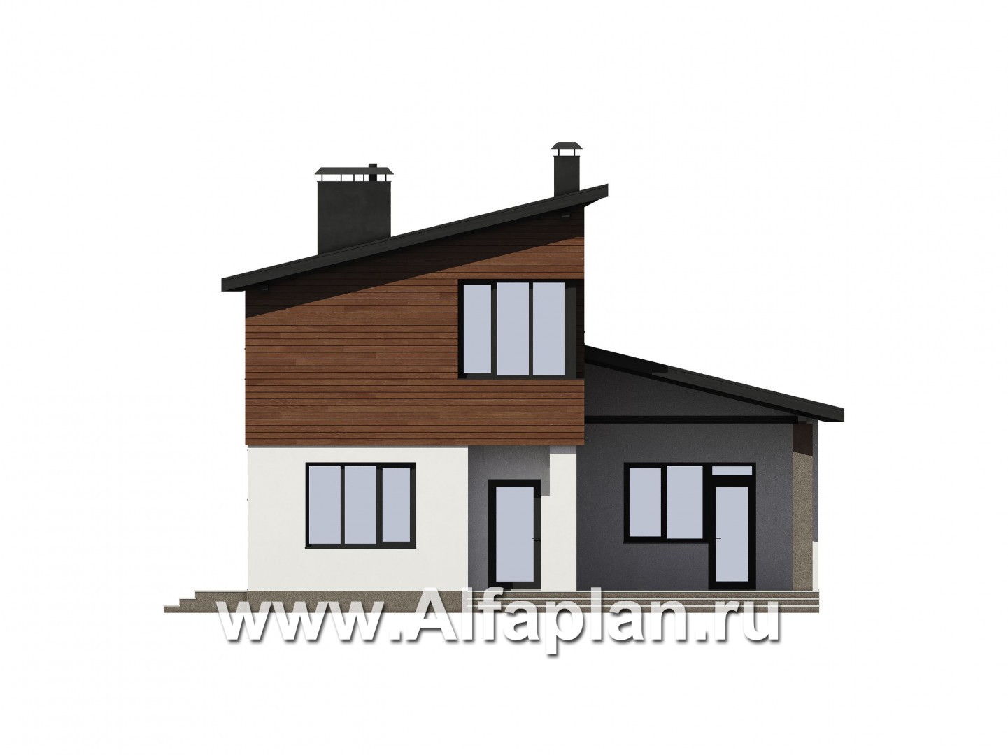 Проекты домов Альфаплан - Проект современного загородного дома с отделкой штукатуркой и деревом - изображение фасада №1