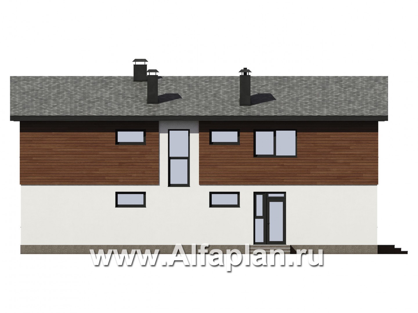 Проекты домов Альфаплан - Проект современного загородного дома с отделкой штукатуркой и деревом - изображение фасада №2