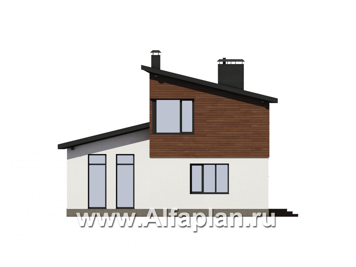 Проекты домов Альфаплан - Проект современного загородного дома с отделкой штукатуркой и деревом - изображение фасада №3