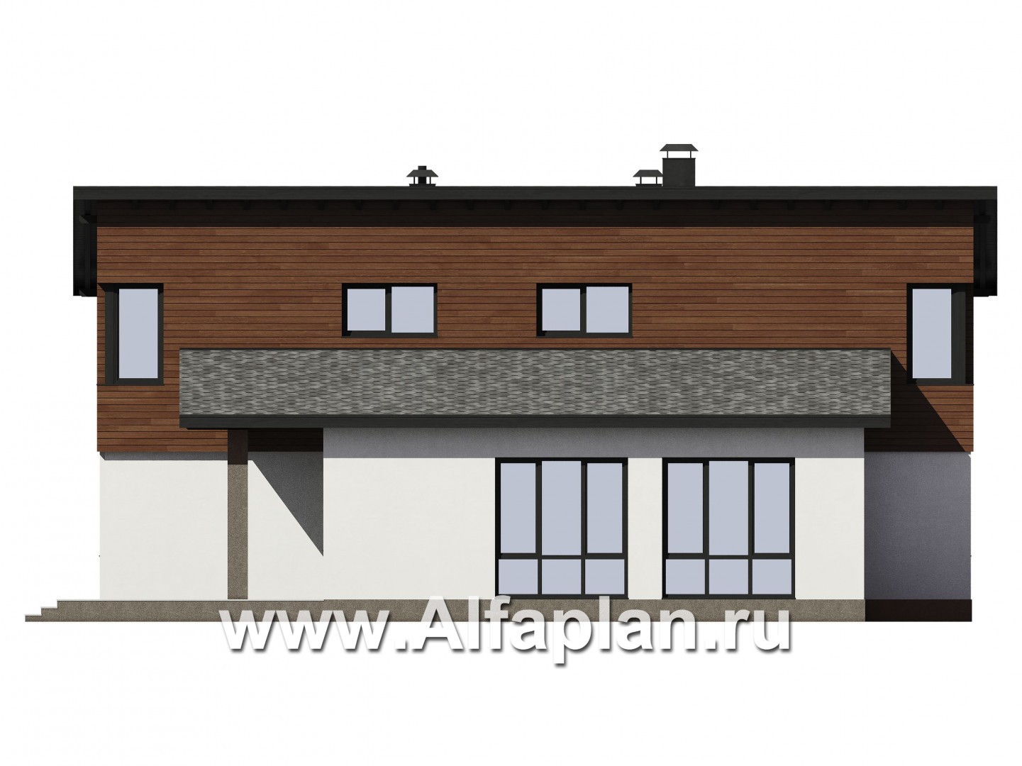Проекты домов Альфаплан - Проект современного загородного дома с отделкой штукатуркой и деревом - изображение фасада №4