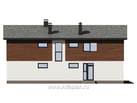 Проекты домов Альфаплан - Проект современного загородного дома с отделкой штукатуркой и деревом - превью фасада №2