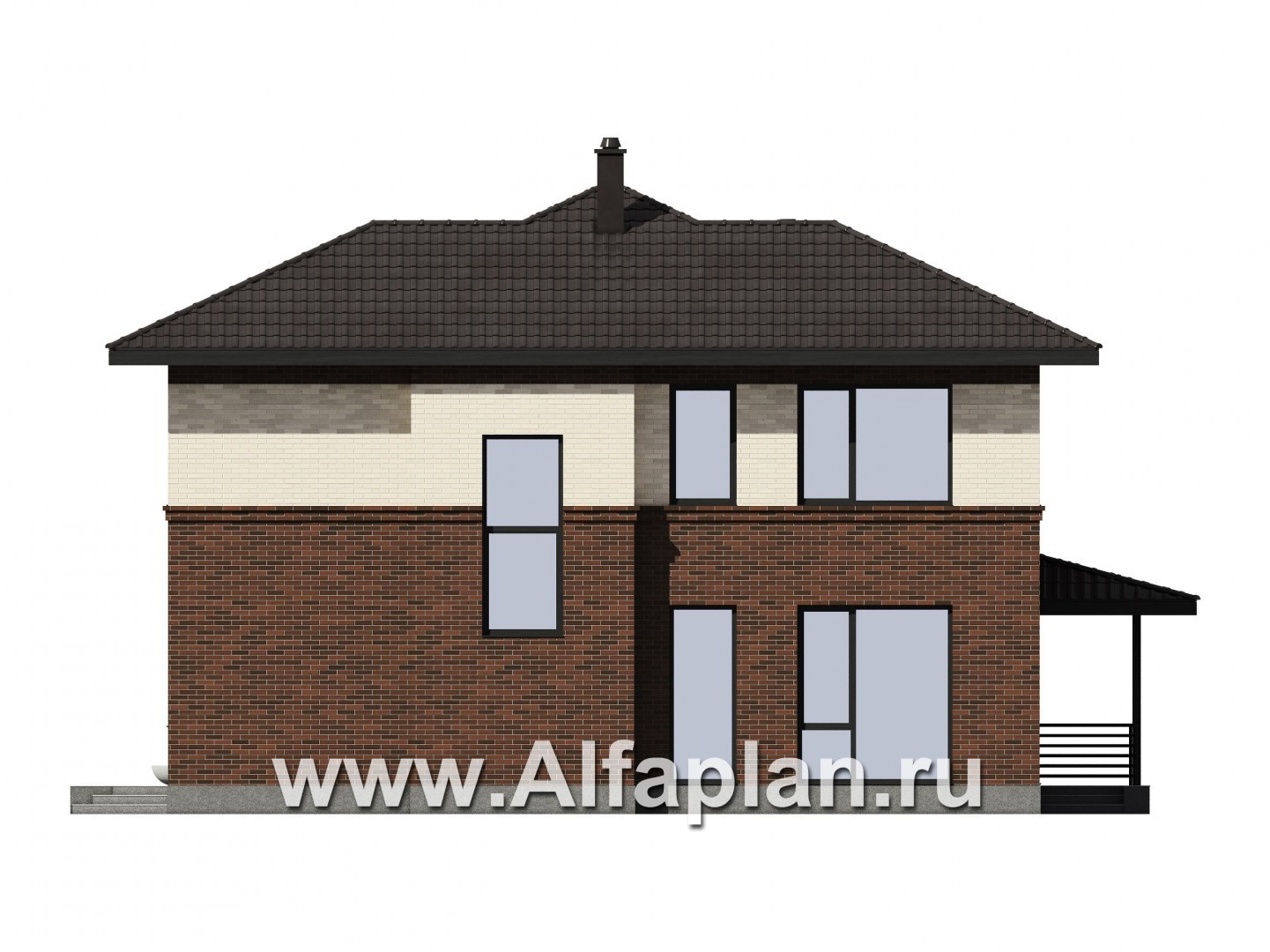 Проекты домов Альфаплан - Проект двухэтажного газобетонного / кирпичного дома с гаражом - изображение фасада №4