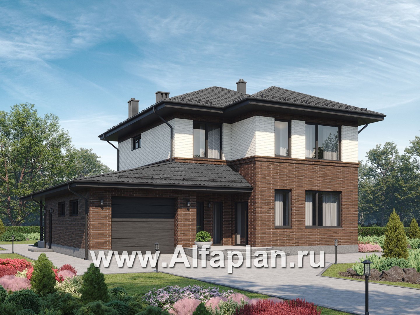 Проекты домов Альфаплан - Проект двухэтажного газобетонного / кирпичного дома с гаражом - основное изображение