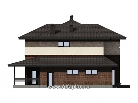 Проекты домов Альфаплан - Проект двухэтажного газобетонного / кирпичного дома с гаражом - превью фасада №2