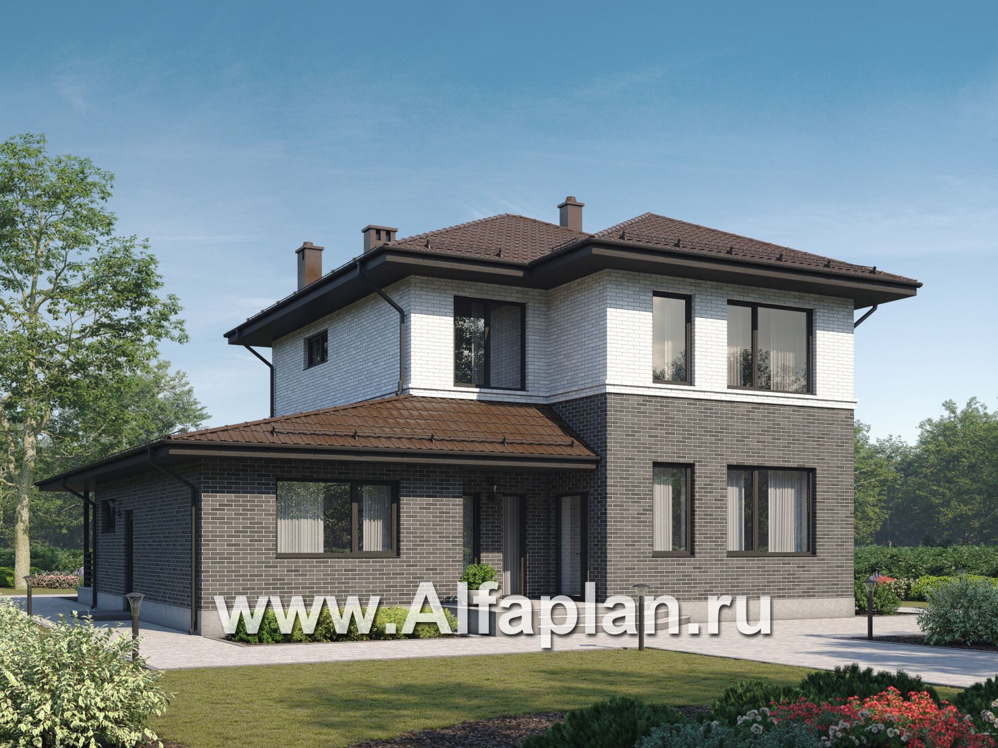 Проекты домов Альфаплан - Проект загородного дома с отдельным гостевым блоком - основное изображение