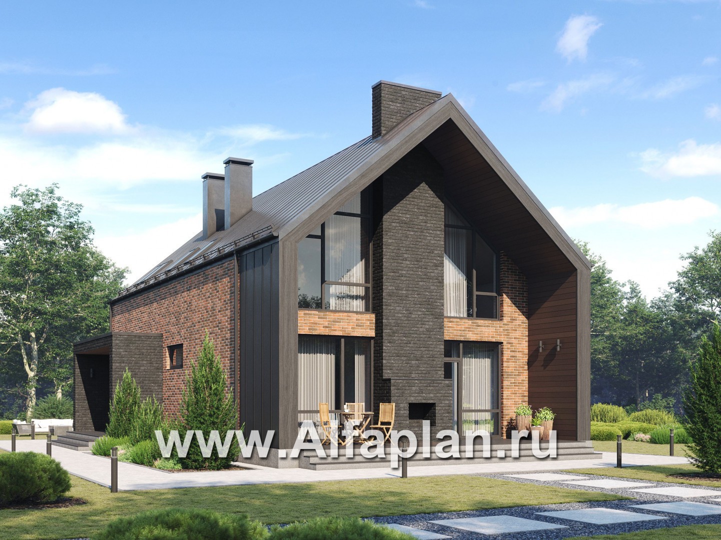 Проекты домов Альфаплан - Современный дом с двухскатной крышей - основное изображение