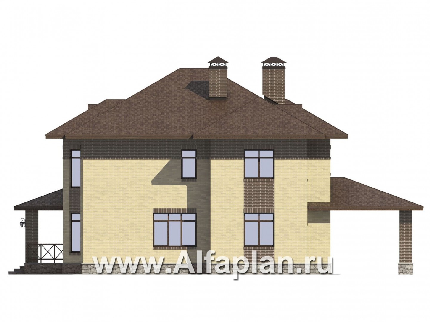 Проекты домов Альфаплан - Проект комфортного коттеджа с навесом для машины - изображение фасада №3