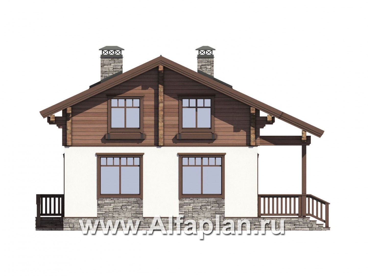 Проекты домов Альфаплан - Проект мансардного дома из комбинированных материалов - изображение фасада №1