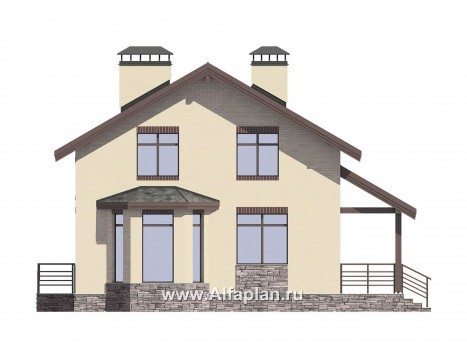 Проект дома с мансардой, планировка две спальни на 1 эт, с террасой и с эркером - превью фасада дома