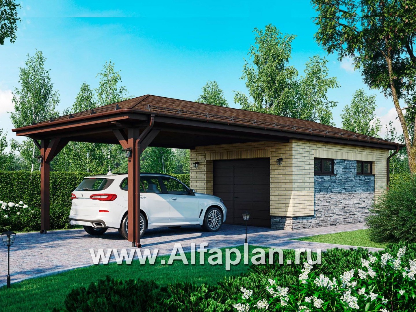 Проекты домов Альфаплан - Навес для автомобиля с хоз. кладовой - основное изображение