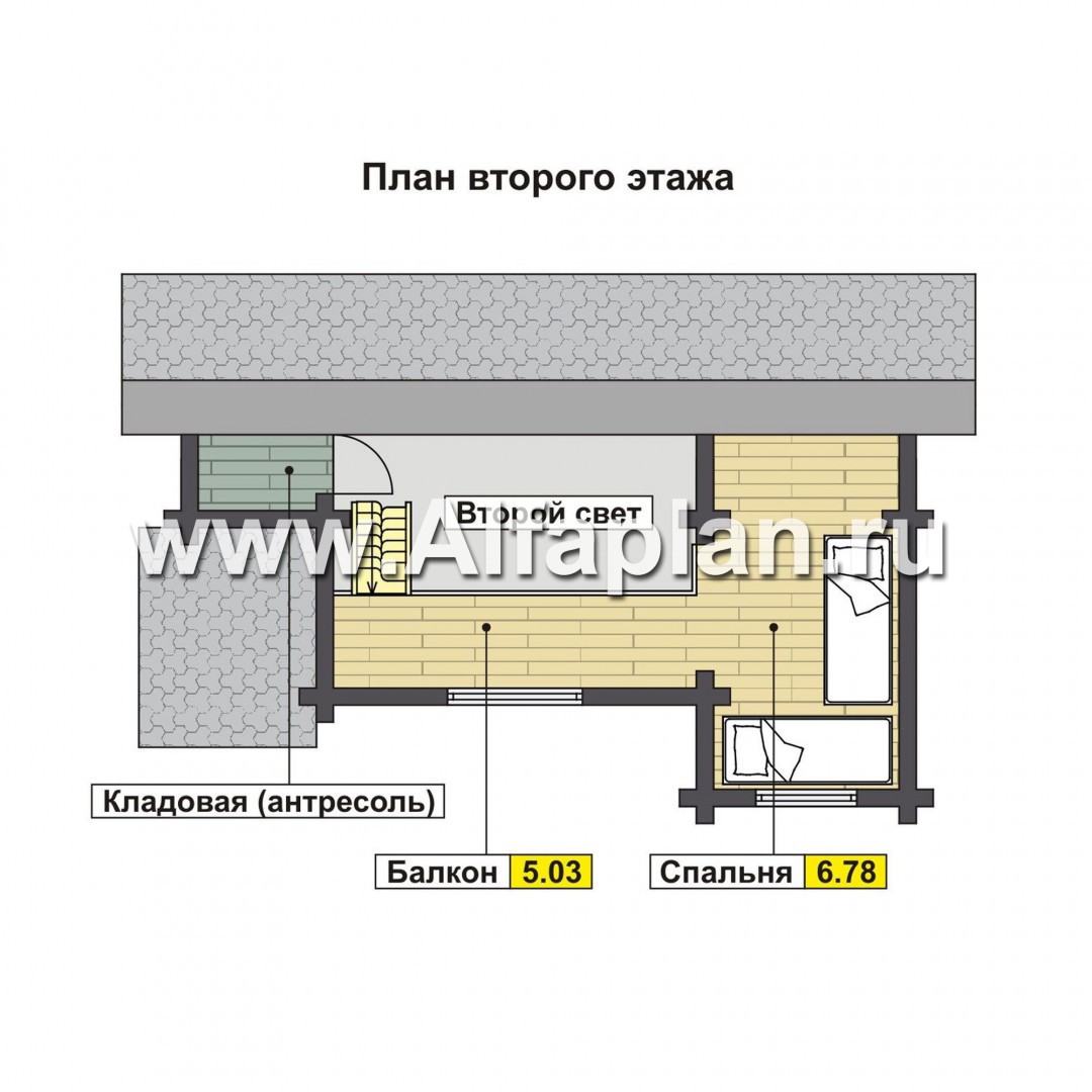 Проект дома с мансардой из бруса, с террасой. Гостевой дом, дача с односкатной кровлей - план дома