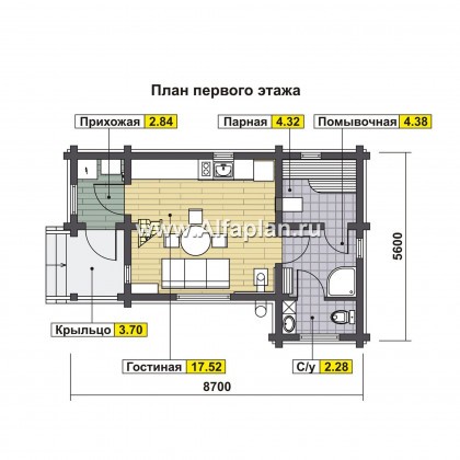 Проект дома с мансардой из бруса, с террасой. Гостевой дом, дача с односкатной кровлей - превью план дома