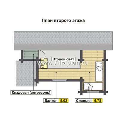 Проект дома с мансардой из бруса, с террасой. Гостевой дом, дача с односкатной кровлей - превью план дома