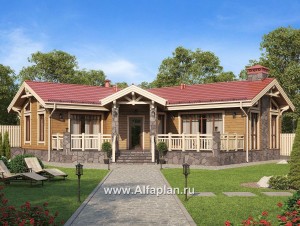 Проект бани из бруса, с террасой и с купелью, с диагональным решением