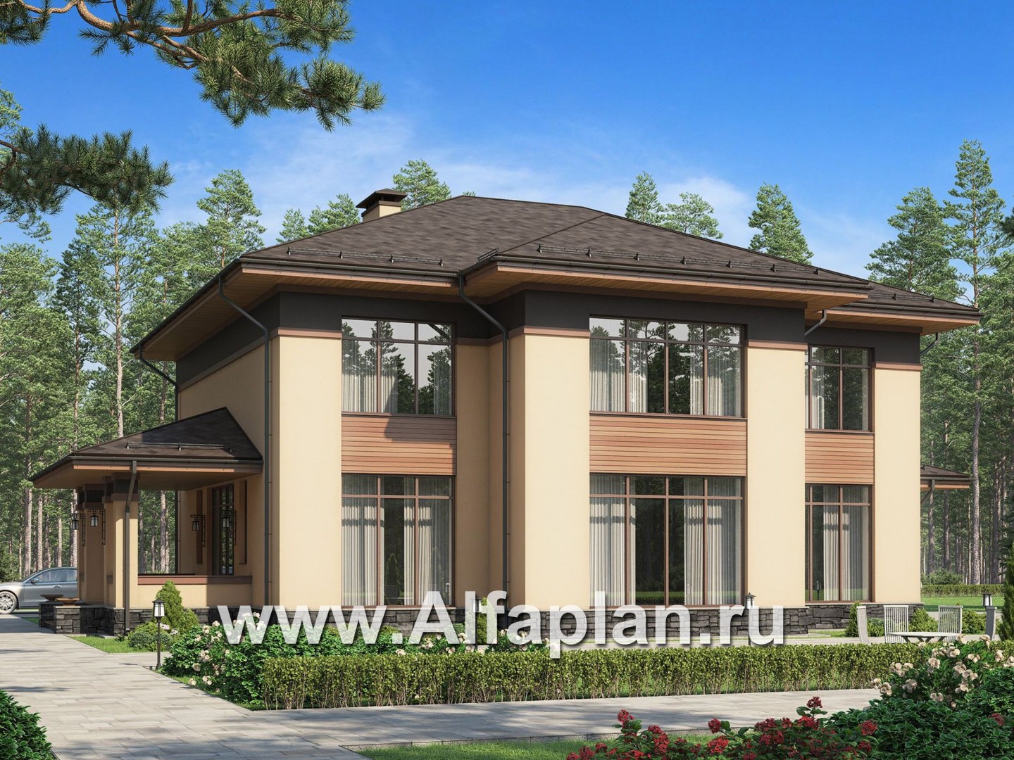 Проекты домов Альфаплан - Элегантный коттедж с панорамными окнами - основное изображение
