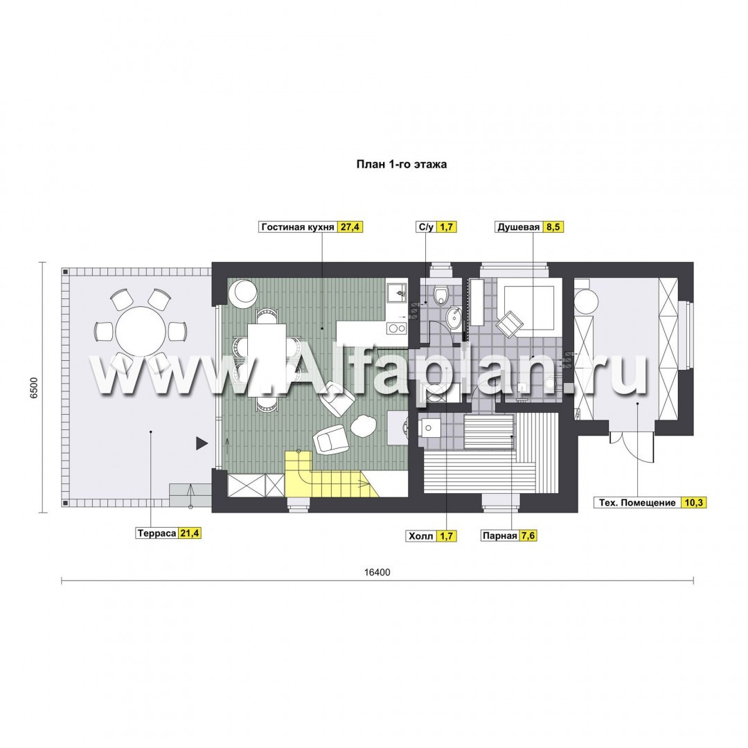 Проекты домов Альфаплан - Уютная баня с двусветной гостиной - изображение плана проекта №1