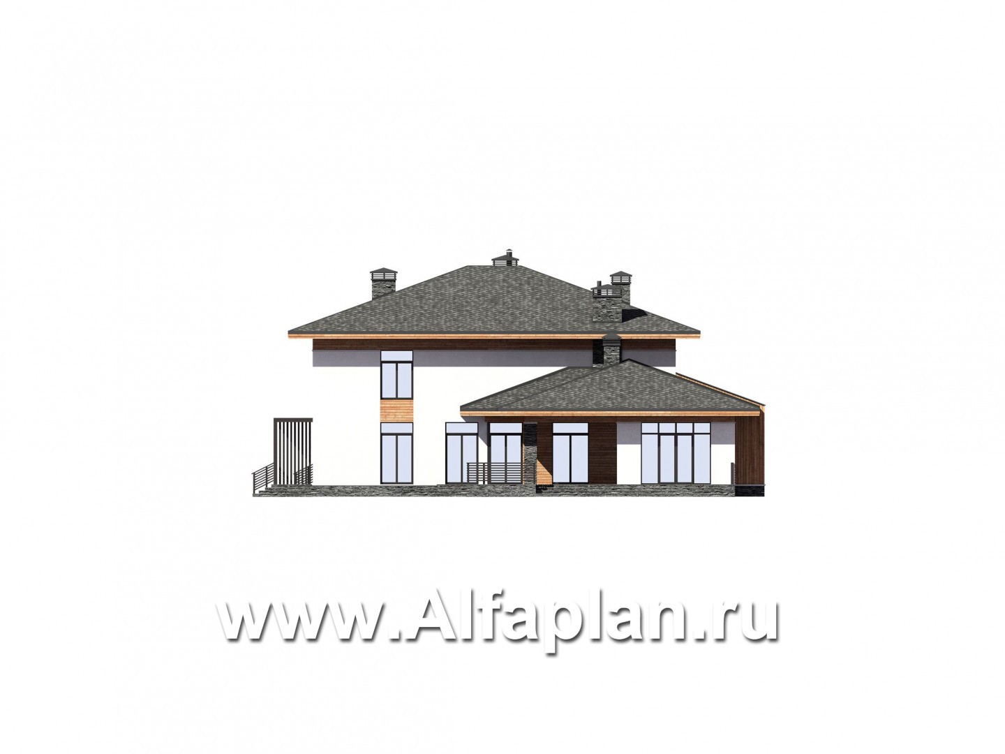 Проекты домов Альфаплан - Большой дом с двумя гостиными - изображение фасада №4