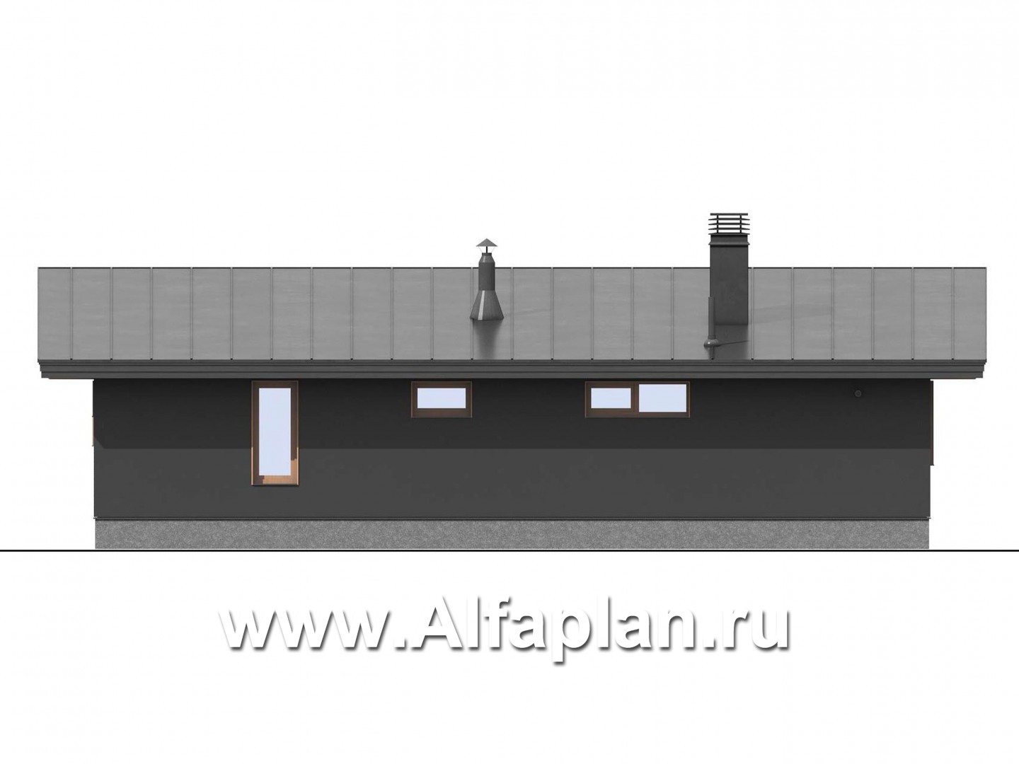 Проект бани, планировка со спальней, с односкатной кровлей в современном стиле - фасад дома