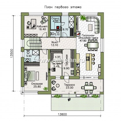 Проекты домов Альфаплан - «Спектр» - проект современного дома с двумя жилыми комнатами на 1-ом этаже и сауной - превью плана проекта №1