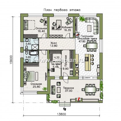 Проекты домов Альфаплан - «Фортис» - одноэтажный дом с плоской кровлей, и грилем на террасе - превью плана проекта №1