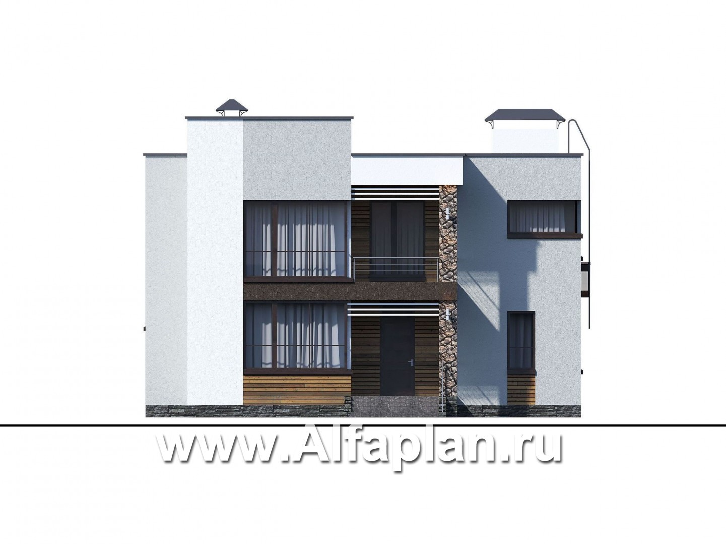 Проекты домов Альфаплан - «Престиж» - проект двухэтажного дома, в стиле хай-тек, с террасой и с плоской кровлей - изображение фасада №1