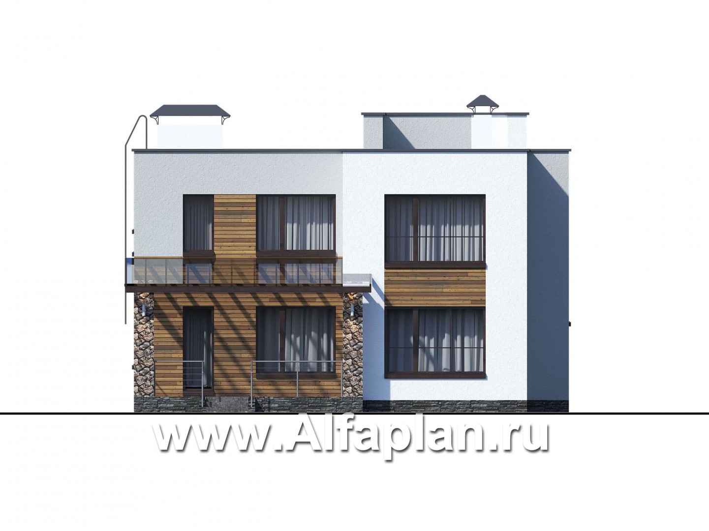 Проекты домов Альфаплан - «Престиж» - проект двухэтажного дома, в стиле хай-тек, с террасой и с плоской кровлей - изображение фасада №3