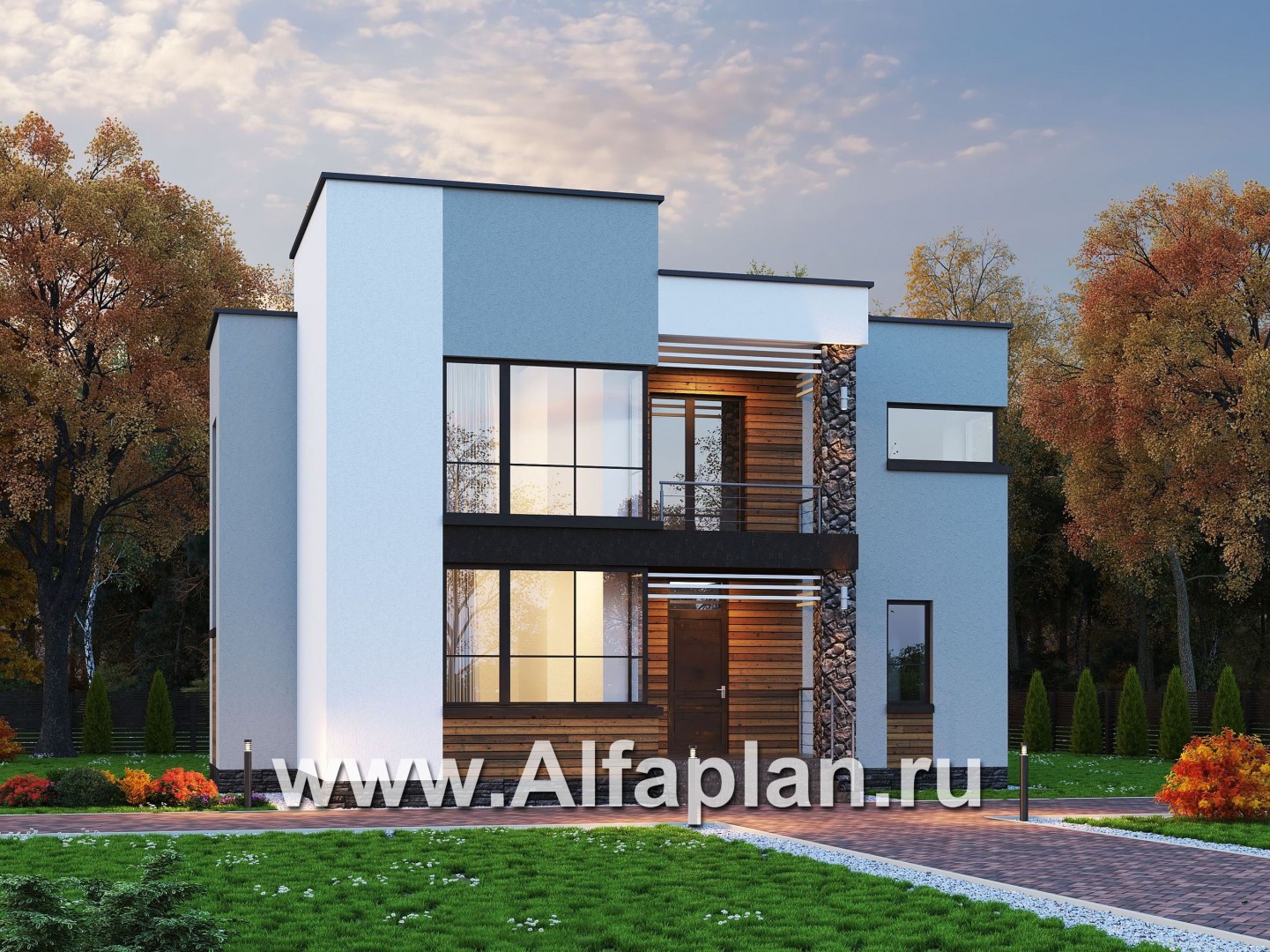 Проекты домов Альфаплан - «Престиж» - проект двухэтажного дома, в стиле хай-тек, с террасой и с плоской кровлей - основное изображение