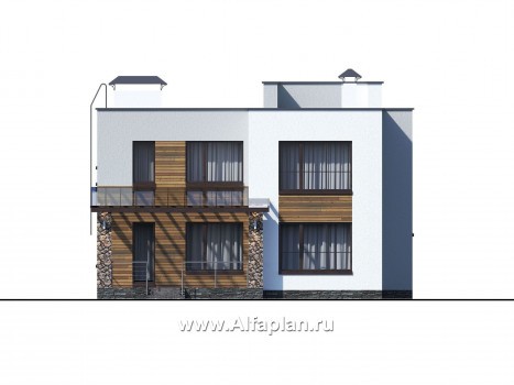 Проекты домов Альфаплан - «Престиж» - проект двухэтажного дома, в стиле хай-тек, с террасой и с плоской кровлей - превью фасада №3