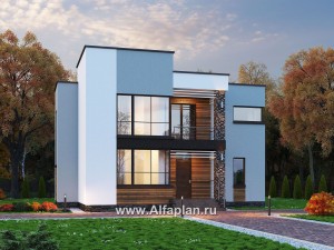 Проекты домов Альфаплан - «Престиж» - проект двухэтажного дома, в стиле хай-тек, с террасой и с плоской кровлей - превью основного изображения