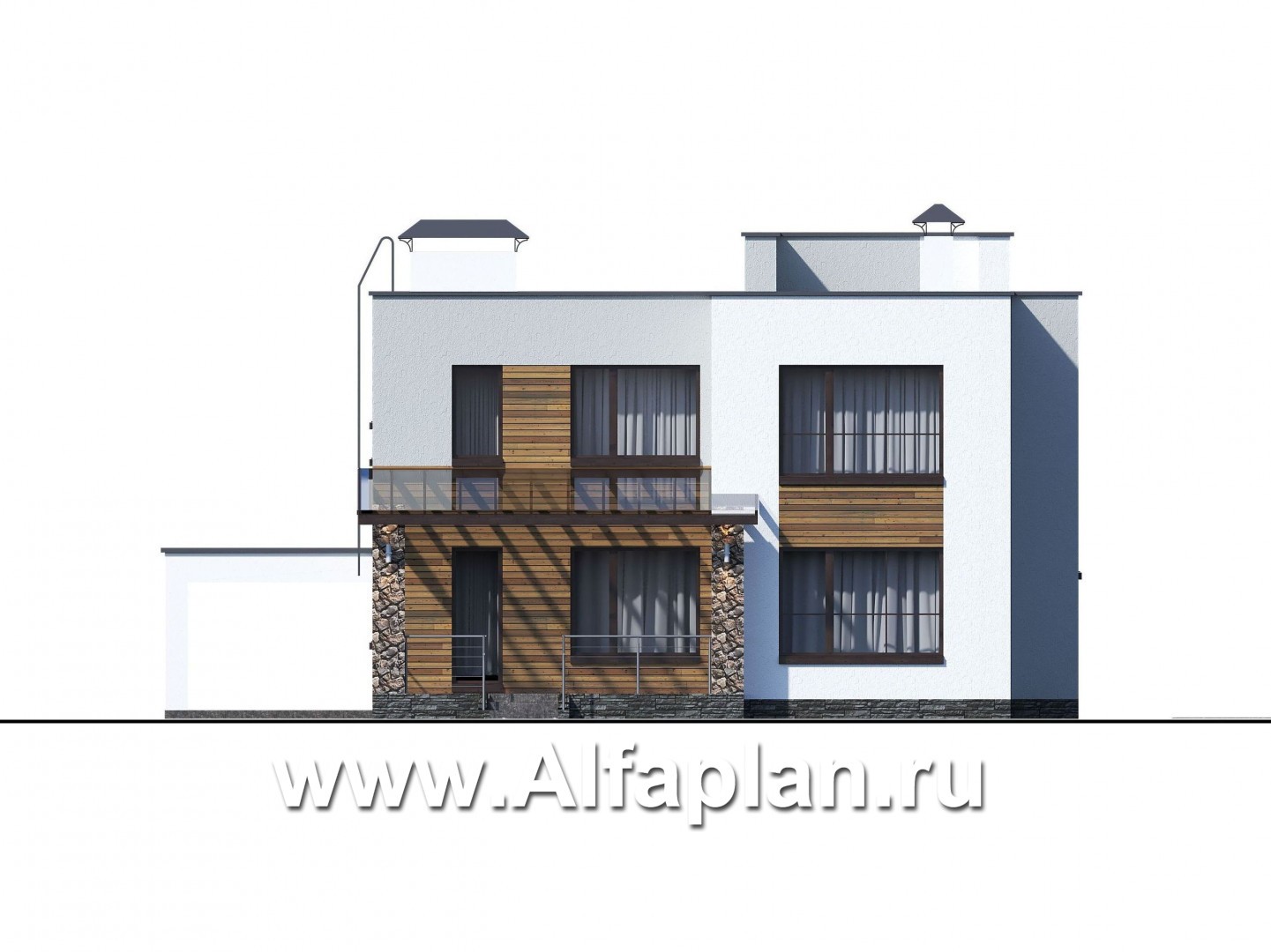 Проекты домов Альфаплан - «Престиж» - проект двухэтажного дома, в стиле хай-тек, с террасой и с плоской кровлей, с навесом на 2 авто - изображение фасада №3