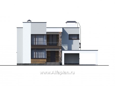 Проекты домов Альфаплан - «Престиж» - проект двухэтажного дома, в стиле хай-тек, с террасой и с плоской кровлей, с навесом на 2 авто - превью фасада №1