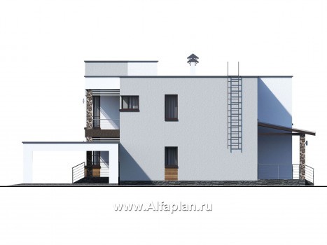 Проекты домов Альфаплан - «Престиж» - проект двухэтажного дома, в стиле хай-тек, с террасой и с плоской кровлей, с навесом на 2 авто - превью фасада №2