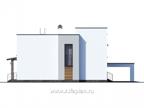 Проекты домов Альфаплан - «Престиж» - проект двухэтажного дома, в стиле хай-тек, с террасой и с плоской кровлей, с навесом на 2 авто - превью фасада №4