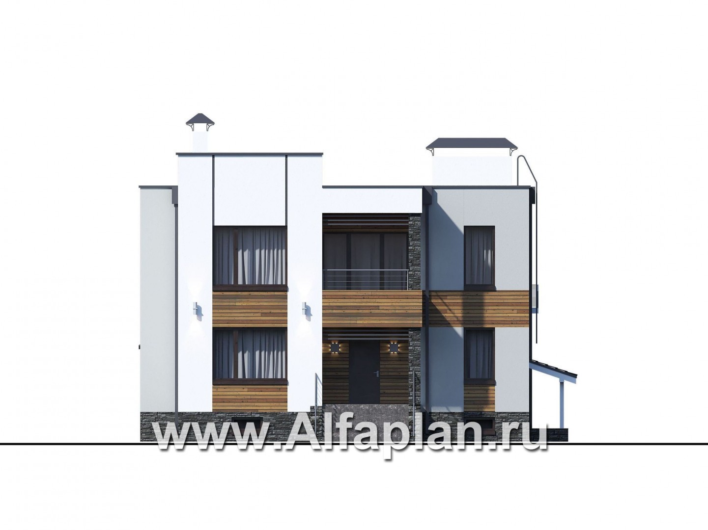 Проекты домов Альфаплан - «Престиж» - проект удобного и просторного дома с плоской кровлей, и с цокольным этажом - изображение фасада №1