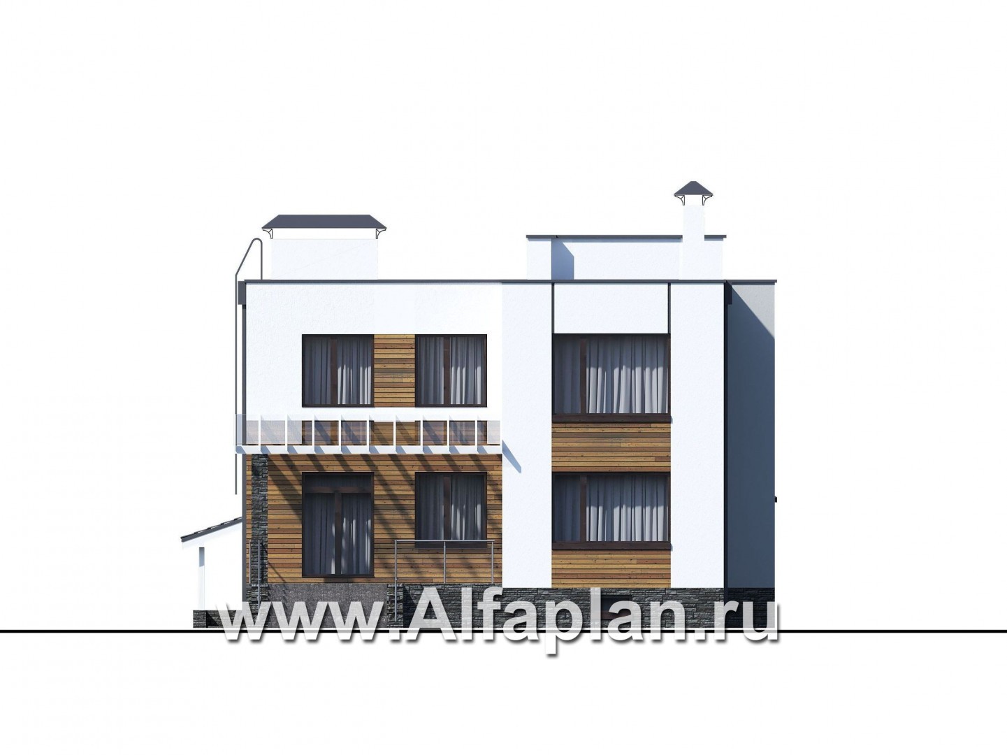 Проекты домов Альфаплан - «Престиж» - проект удобного и просторного дома с плоской кровлей, и с цокольным этажом - изображение фасада №3