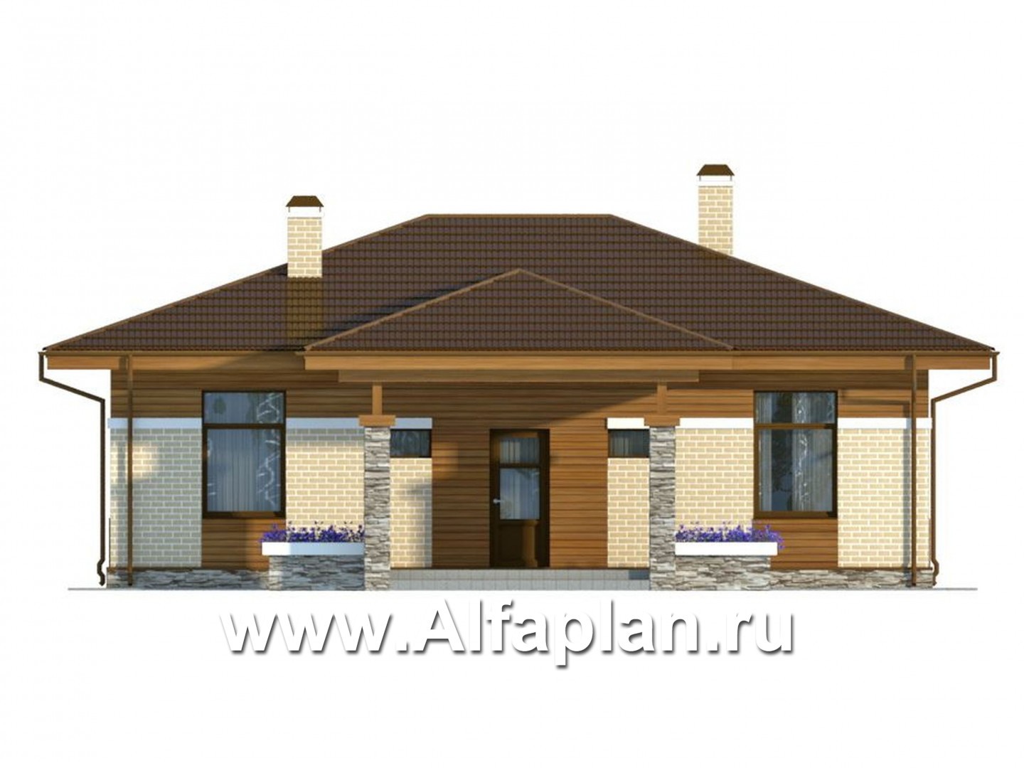 Проекты домов Альфаплан - Проект одноэтажного загородного дома из газобетона - изображение фасада №1