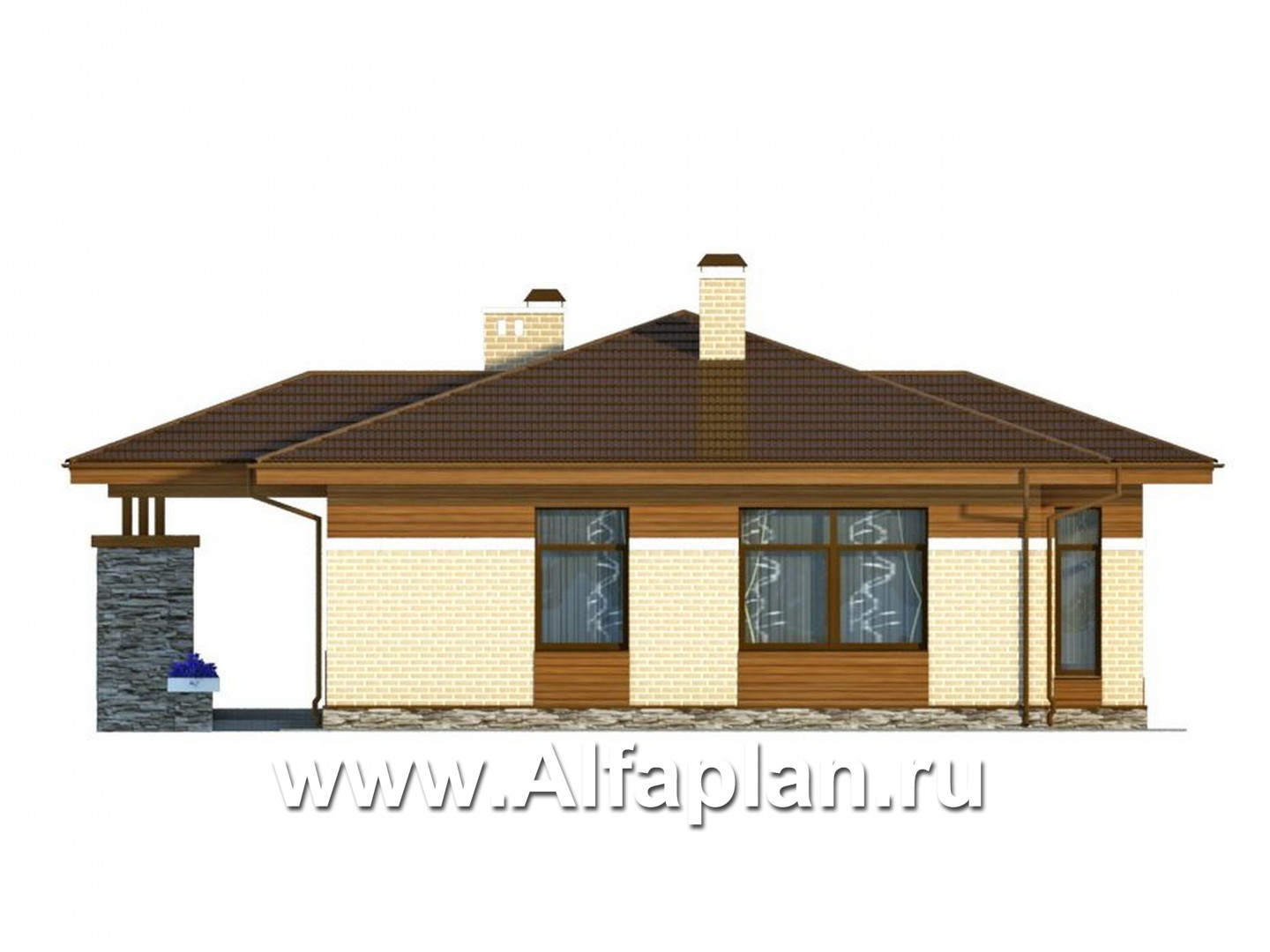 Проекты домов Альфаплан - Проект одноэтажного загородного дома из газобетона - изображение фасада №3