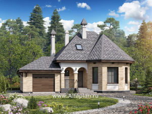 Проекты домов Альфаплан - «Душечка» - небольшой дом с мансардой и гаражом - превью основного изображения