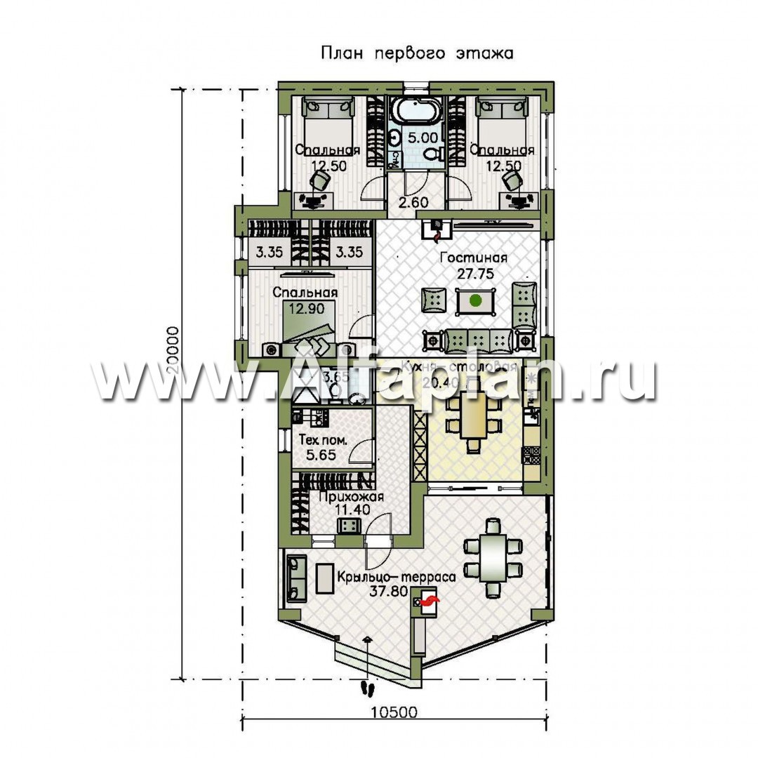 Проекты домов Альфаплан - «Персефона» - современный одноэтажный коттедж с барбекю на террасе - план проекта №1