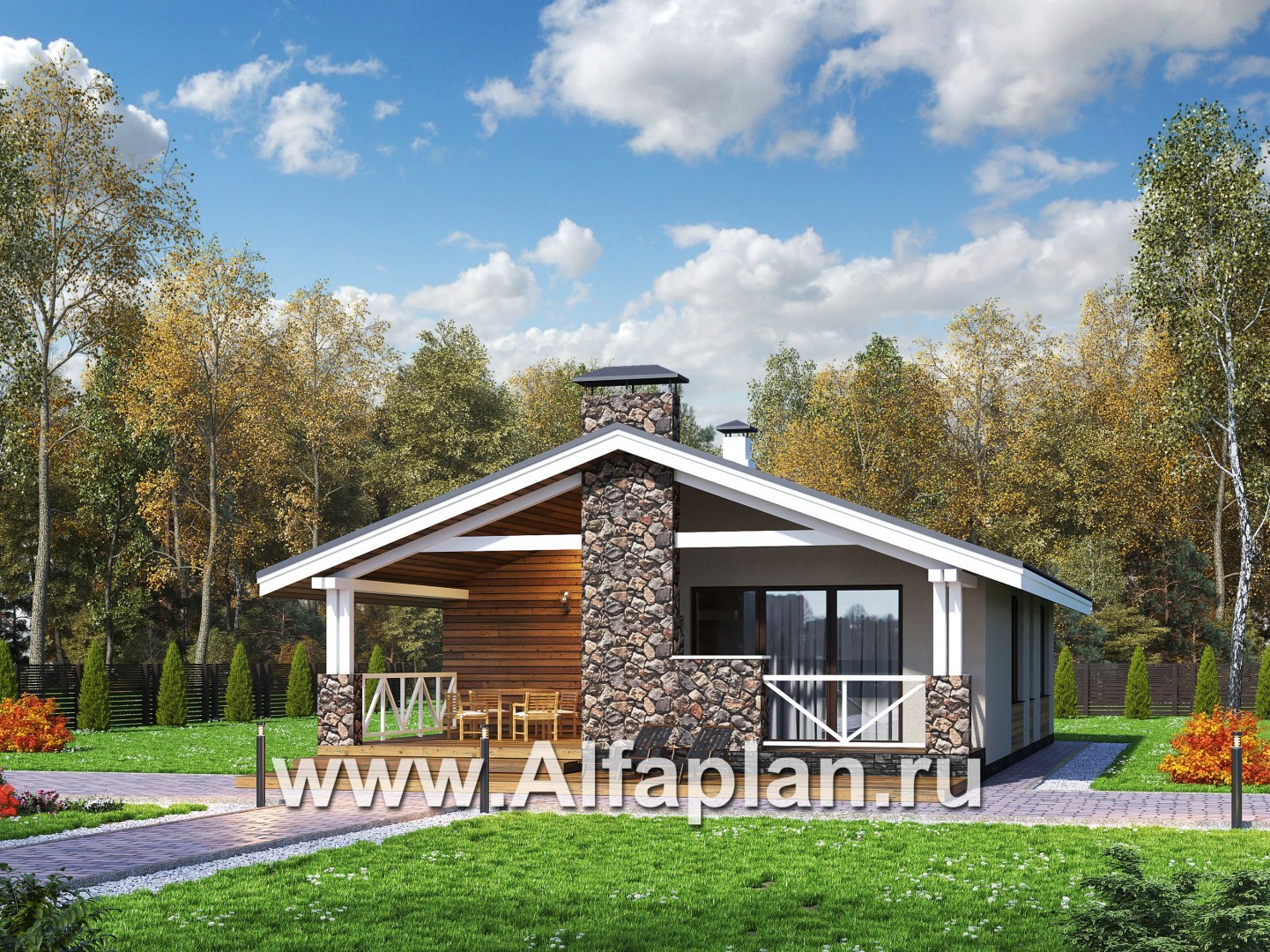 «Мелета» - проект одноэтажного дома из газобетона, 2 спальни, с террасой, в скандинавском стиле - основное изображение