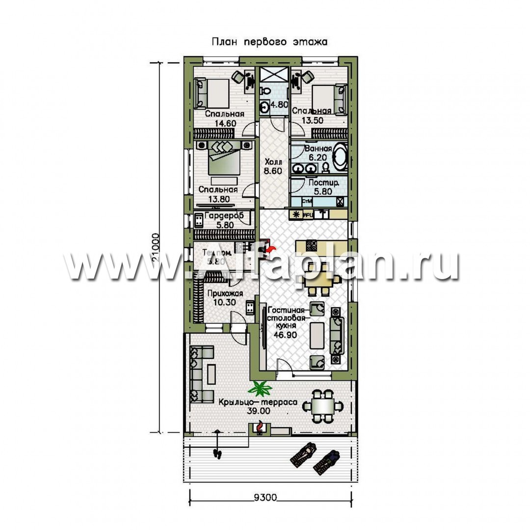 Проекты домов Альфаплан - «Эвтерпа» - одноэтажный дом с  тремя спальнями для узкого участка - изображение плана проекта №1