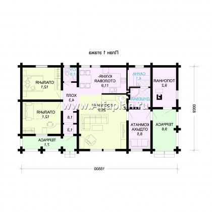 Проект одноэтажного дома, из бревен, дача, дом для отдыха - превью план дома