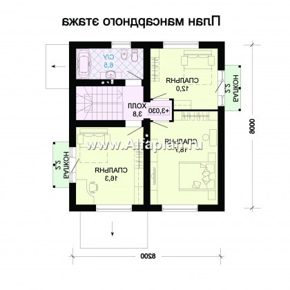 Проект дома с мансардой, 3 спальни, дачный коттедж - превью план дома