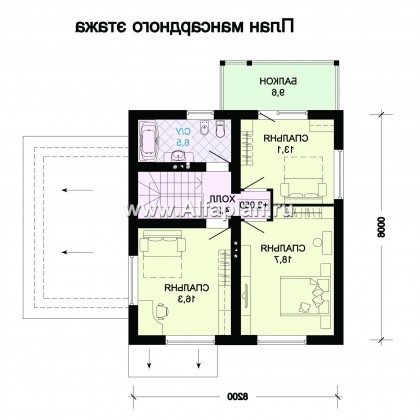 Проект дома с мансардой, 3 спальни, с террасой и с гаражом, дачный коттедж - превью план дома