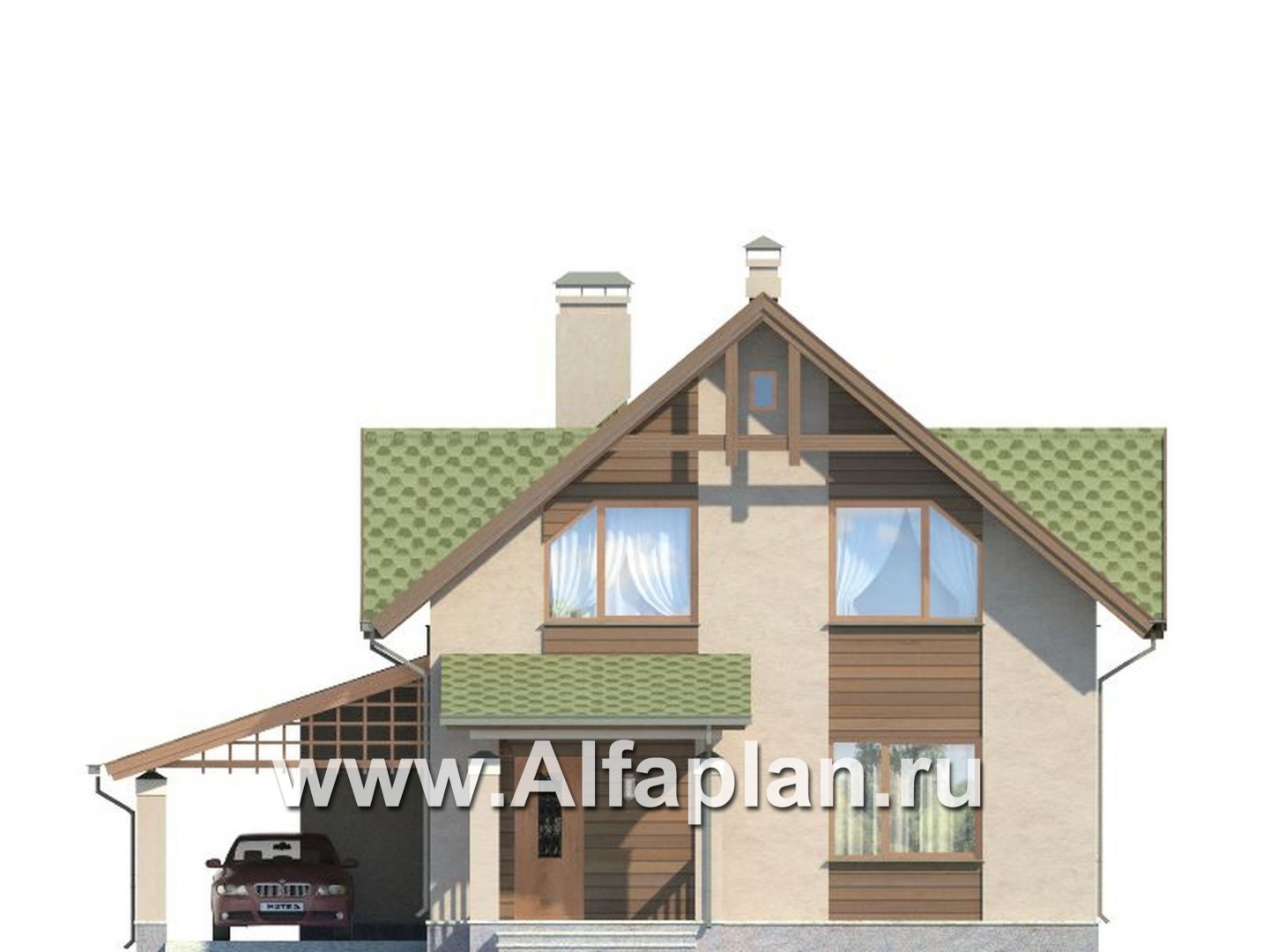 Проекты домов Альфаплан - Проект мансардного дома с навесом для машины - изображение фасада №3
