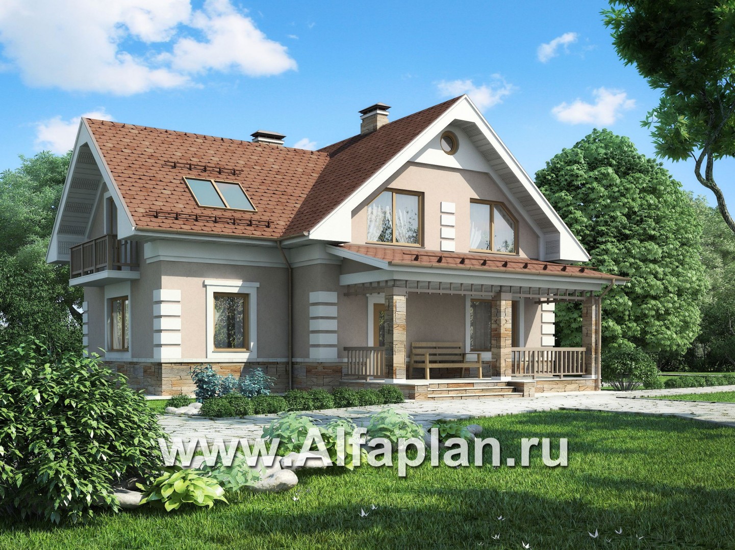 Проекты домов Альфаплан - Проект уютного загородного дома с верандой - основное изображение
