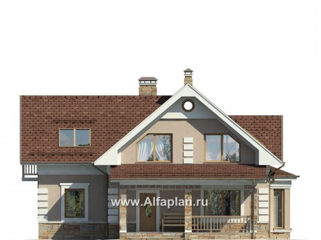 Проект дома с мансардой, планировка с гостевой квартирой, с эркером и с террасой - превью фасада дома