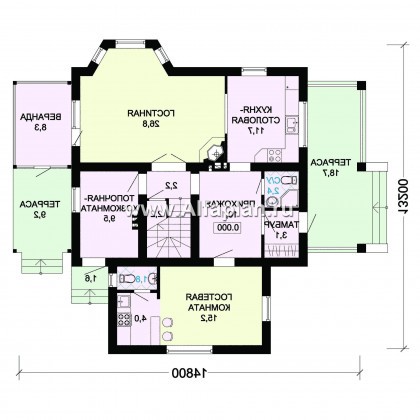 Проект дома с мансардой, планировка с гостевой квартирой, с эркером и с террасой - превью план дома